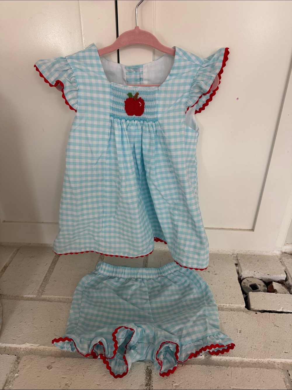 Light Blue Gingham Apple Smocked Girls Costume Set